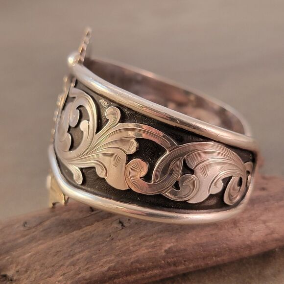 Lopez Bros. Silversmith Handcrafted Engraved Sterling 14k Flourish Cuff Bracelet - Picture 6 of 13